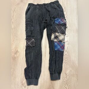 VINTAGE HAVANA Small boho cargo joggers deep blue-gray weave with plaid patches.